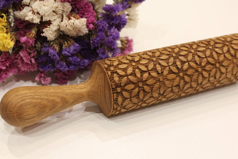Floral engraved rolling pin, embossed handmade rolling pin for