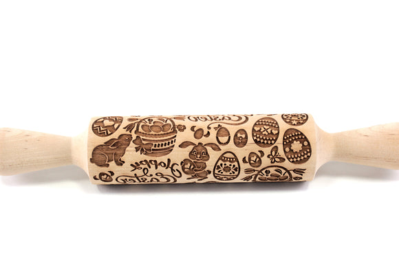 Happy Easter Rolling Pin, Embossed Rabbit Eggs Shortbread Cookies, Christmas Gift, Gingerbread Clay Stamp, Ceramic Tool Roller, Gift for Baking Enthuziast