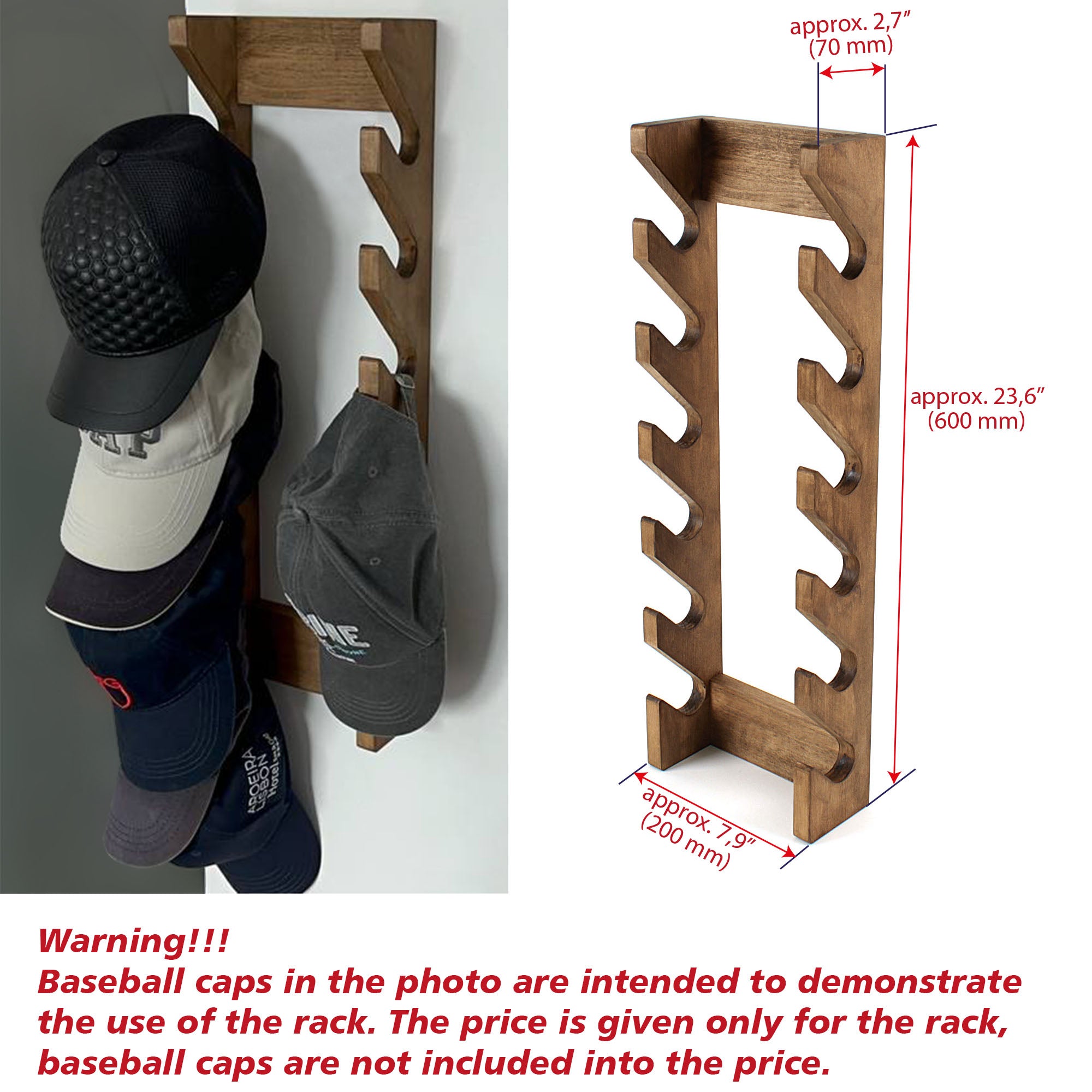 Baseball Cap Rack Solid Wood Hat Hanger for Wall Baseball Cap storage Hat organizer for 12 Baseball Caps Gift for Him Father Day Gift Diamond Wood WCG