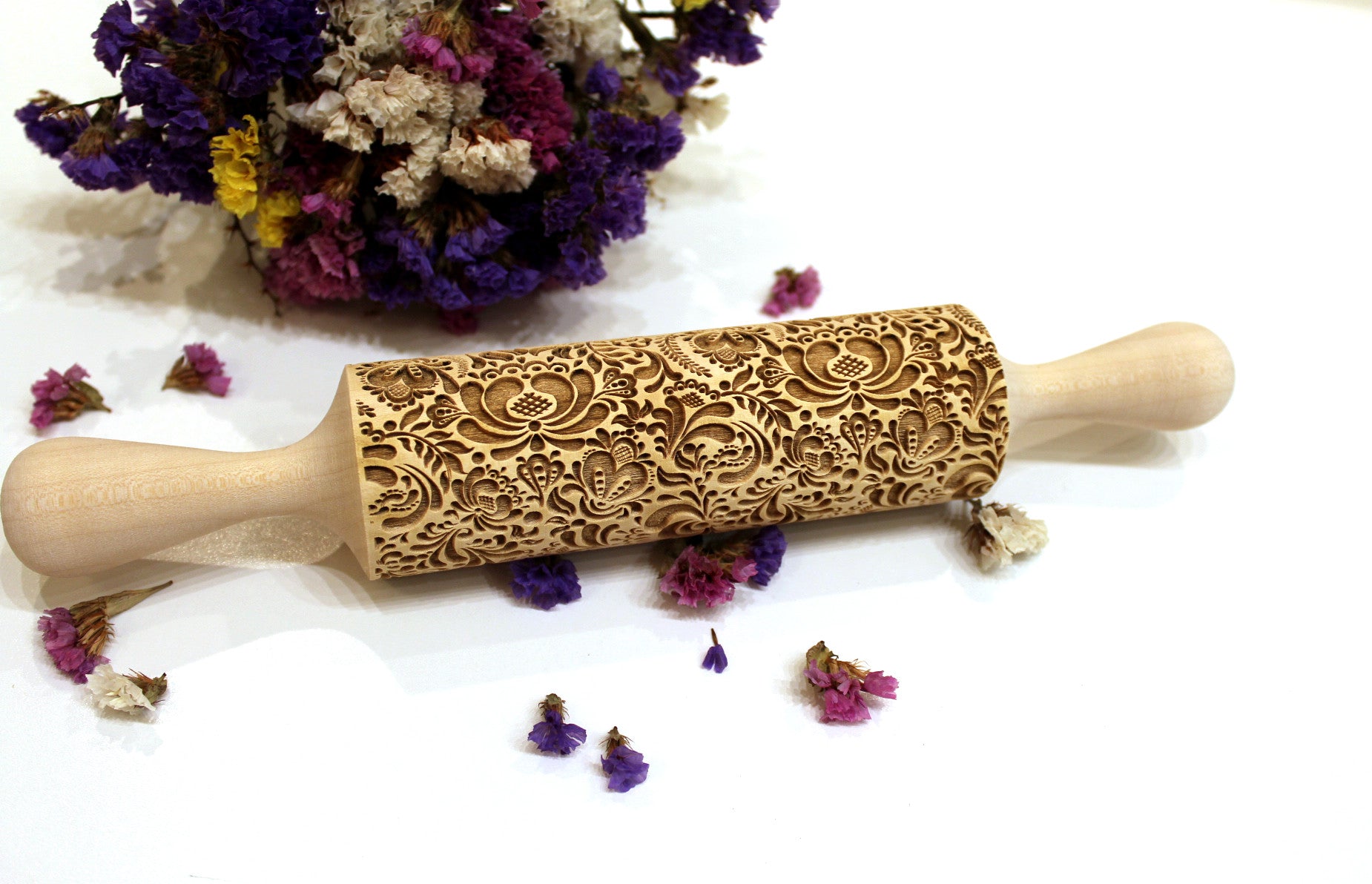 Flowers Embossed Rolling Pin, Textured Cookies, Clay Stamp, Ceramic Ro –  Diamond Wood WCG