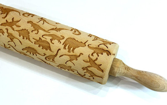 DINOSAURS Engraved Embossing ROLLING PIN, Clay Stamp, Pottery Roller