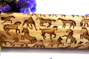 Engraved Embossing Rolling Pin, HORSES, Christmas Gift,Textured Cookie, Clay Stamp, Pottery Roller