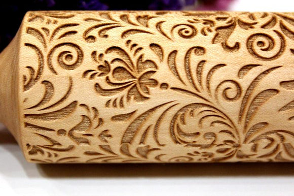 Embossed Rolling Pin FLOWERS Pattern Engraved, Clay Stamp, Pottery Roller, Christmas Gift