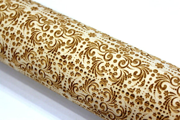 Engraved Embossed Rolling Pin Flowers Swirls,Textured Cookie, Clay Stamp, Pottery Roller, Christmas Gift