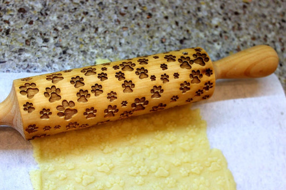 PAWS Embossed Engraved Rolling Pin Cat and Dog Paws Christmas Gift,Textured Cookies, Ceramic Roller Pottery, Clay Stamp, Baking Gift, Shortbread Sugar Cookie
