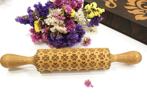 Engraved Embossing rolling pin, 4 Hearts,Dough Roller, Christmas Gift,Textured Cookie, Clay Stamp, Pottery Roller