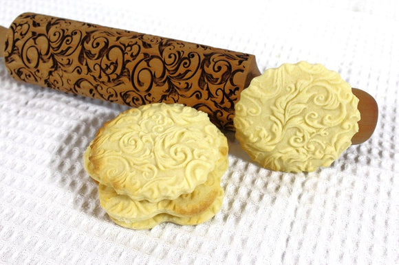 Embossed Rolling Pin Seamless Pattern Swirles, Textured Cookies, Christmas Gift, Clay Stamp, Soap Curley Garden