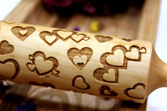 Embossed ROLLING PIN Heart Engraved Christmas Gift, Clay Stamp, Pottery Roller