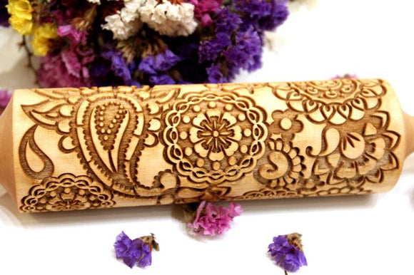 FLOWERS FLORAL PAISLEY Embossed Rolling Pin,Clay Stamp,Textured Cookies,Christmas Gift